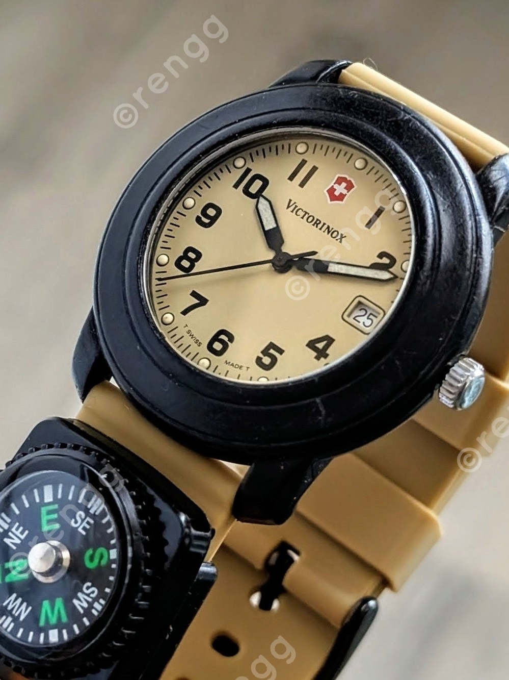 Vintage Victorinox 40mm Beige Dial Field Watch Sapphire Crystal With Compass
